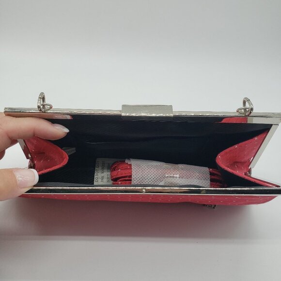 Red Faux Satin Silver Rhinestone Diamond Pattern Chain or Strap Handled Purse - Picture 8 of 12
